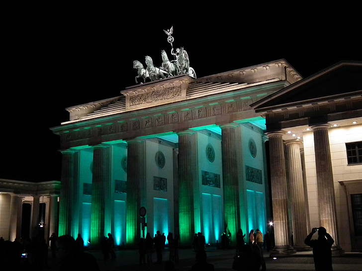 puerta de Brandenburgo, Berlín, ciudad, noche, Alemania, capital