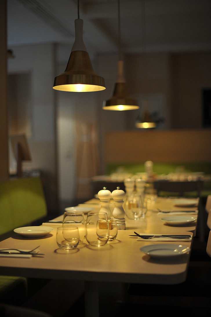 taula, ulleres, tela, coberts, apparecchiata, il·luminació, Restaurant