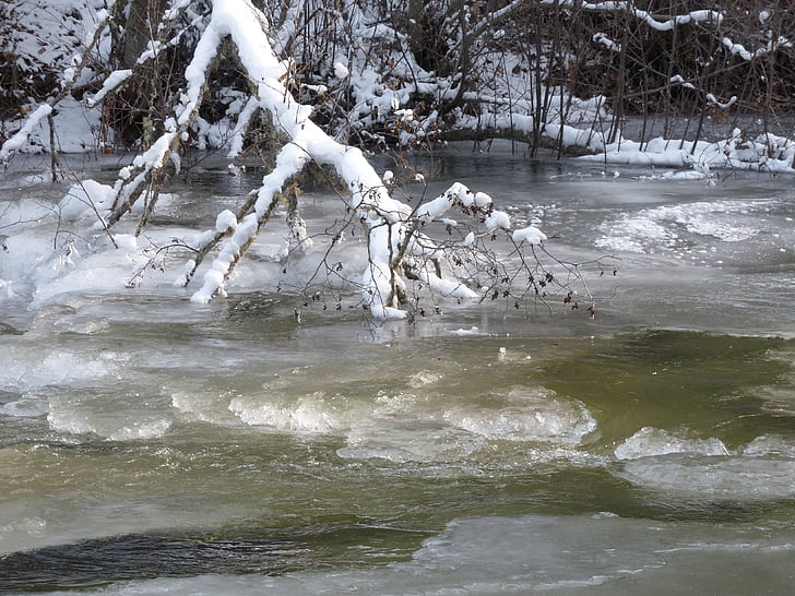 drifting ice, ice covered, creek, water, ice, cold, winter