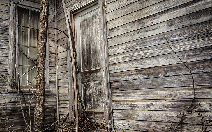 vell, fusta, porta, abandonat, resistit, casa, ruïnes
