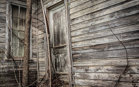 古い, 木材, ドア, 放棄, 風化, 家, 老朽化しました。