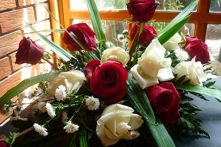 bouquet, flowers, roses, white, red