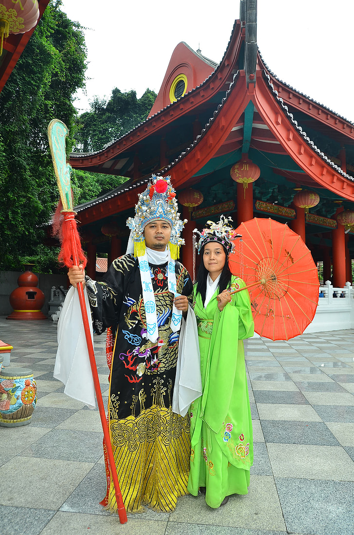 Ķīniešu, templis, kostīmi, tradīcija, tradicionālā, cilvēki, lietussargs