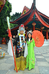 Kinesiska, templet, kostymer, tradition, traditionella, personer, paraply