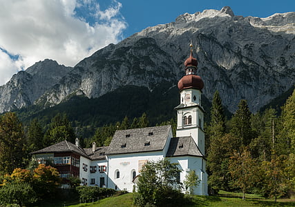 templom, hegyek, Tirol, kolostor, Grace erdő, hegyi, fa