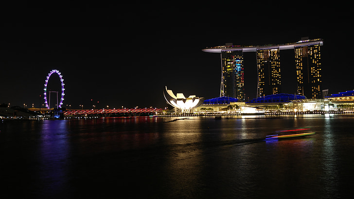 singapore, night, architecture, landmark, marina, asia, water