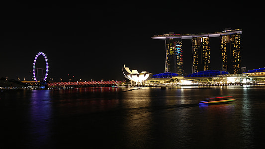Singapur, noche, arquitectura, punto de referencia, Marina, Asia, agua