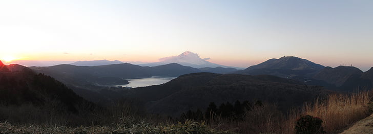 Хаконе, Япония, езеро, планини, Фуджи, залез, панорама