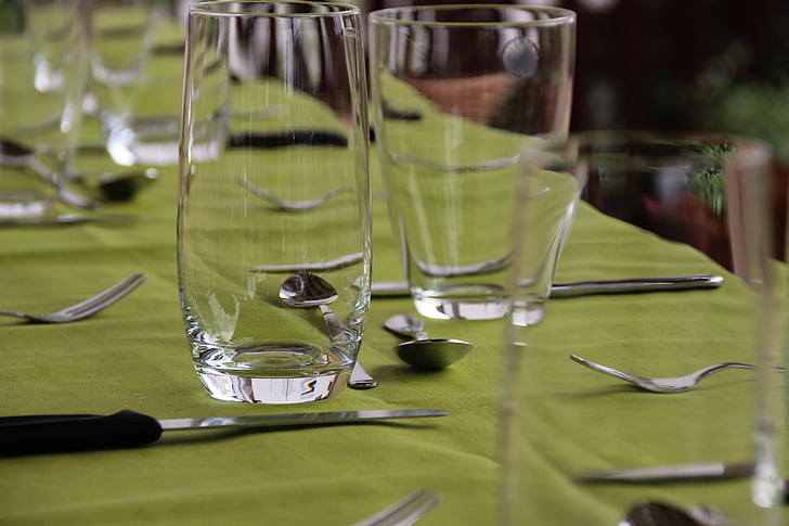 glasses, table, covered, garden party, drinking glass, tablecloth, festive