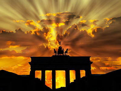 Brandenburger tor, al atardecer, amanecer, Crepúsculo, puesta de sol, Berlín, Alemania
