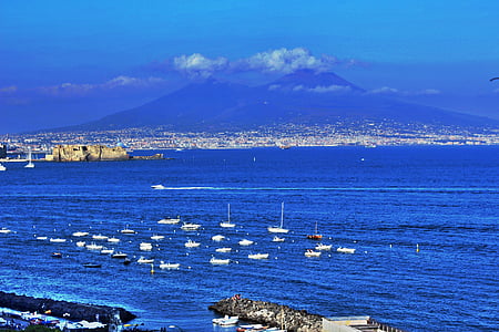 Napoli, laut, Vesuvius, biru, pemandangan laut, Porto, Italia