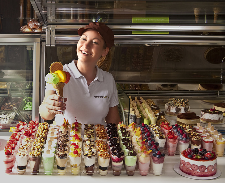 gelataia, kem, mùa hè, cửa hàng kem, nón, người đàn ông kem