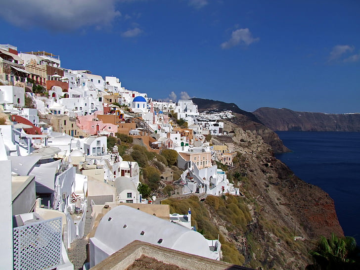 krater rand, huizen, Cycladische stijl, Santorini, Oia, Griekenland, hoge