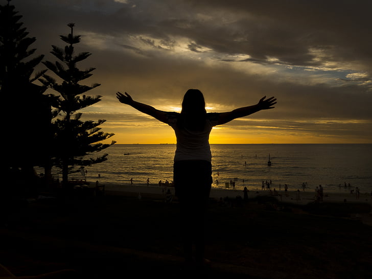 siluett, Cottesloe, Perth, solnedgång