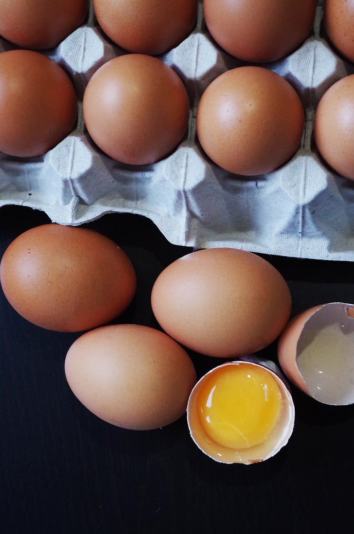 яйца, контейнер, кафяв, жълтък, яйчен белтък, разбити, храна
