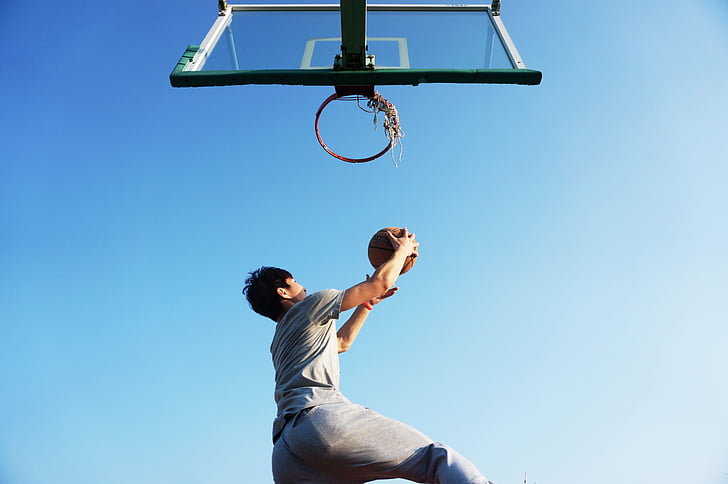 basketball, dunk, blue, game, basket, player, jump