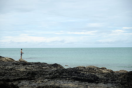 muž, stojace, skaly, v blízkosti zariadenia:, Seashore, Dĺžka, Cloud