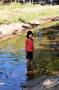 girl, water, rubber boots, close, child
