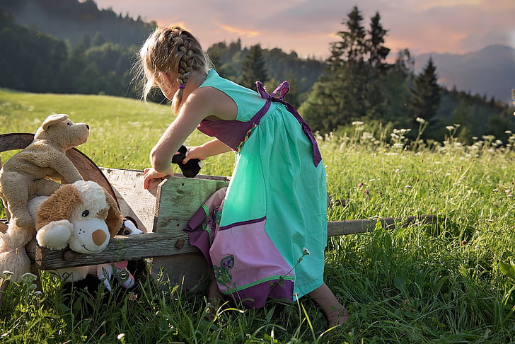 child, girl, play, out, meadow, nature, toys