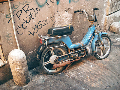 Moto, motorcykel, smutsiga, fordon, moped, sten, målade