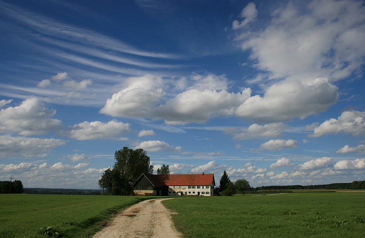 Farm, einödhof, taivas, pilvet, maisema, sininen, muodossa