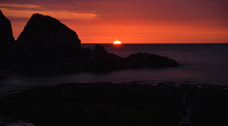 západ slnka, Devon, Lee, červená, skaly, more