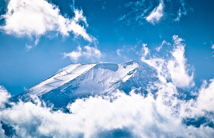mountain, mount, fuji, peak, trail, cloud, cloudy