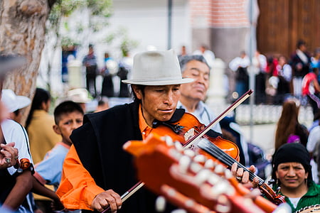 multidão, músico, artista de rua, instrumento de cordas, violino, violinista, música