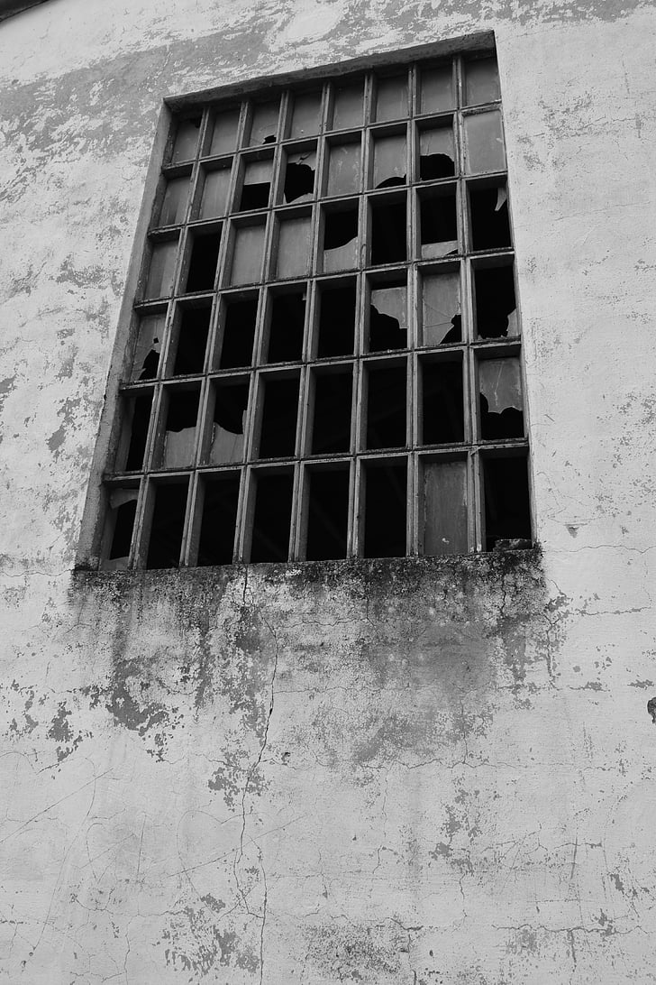 Windows, produceert, ruïne, gebroken, bril, muur, gebroken glas