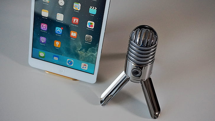 microphone, tablet, podcast, condenser microphone, home office, technology
