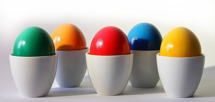 five, assorted, eggs, white, ceramic, mugs, green