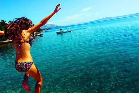 eventyr, stranden, bikini, båt, moro, hoppe, fritid