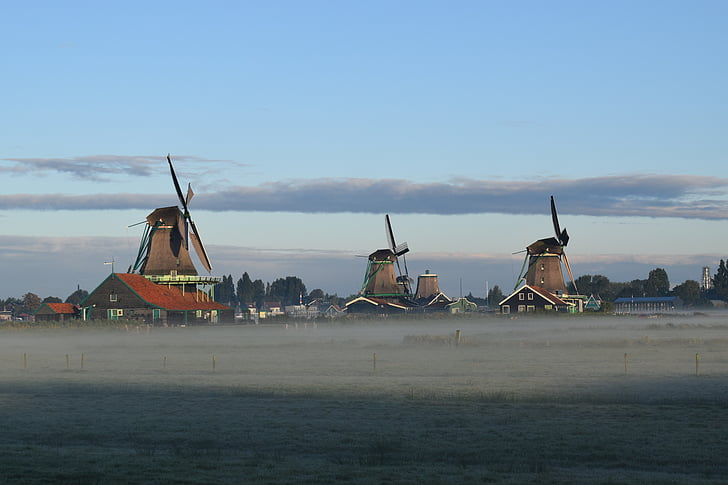 Holanda, água, Europa, moinhos de, nevoeiro, sol, zona rural