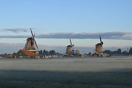 holland, water, europe, mills, fog, sun, countryside