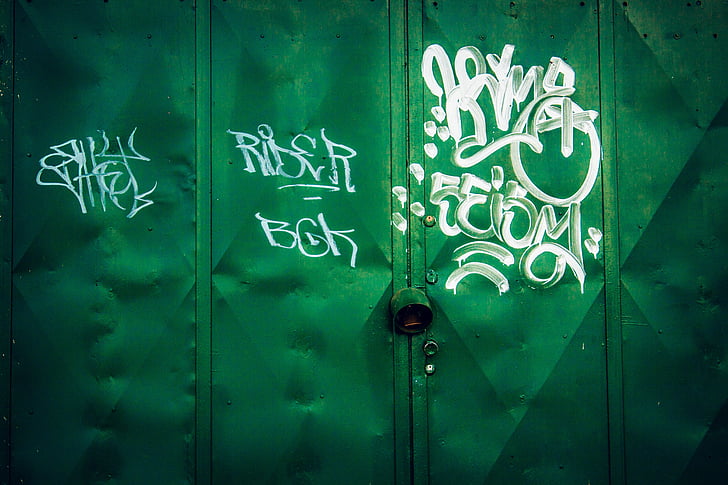 zelena, vrata, čelik, metala, zid, pismo, zelena boja