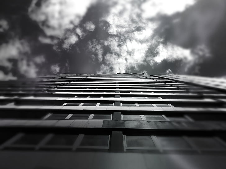 Architektūra, juoda ir balta, užtamsinti, pastatas, debesys, didelis, šviesos
