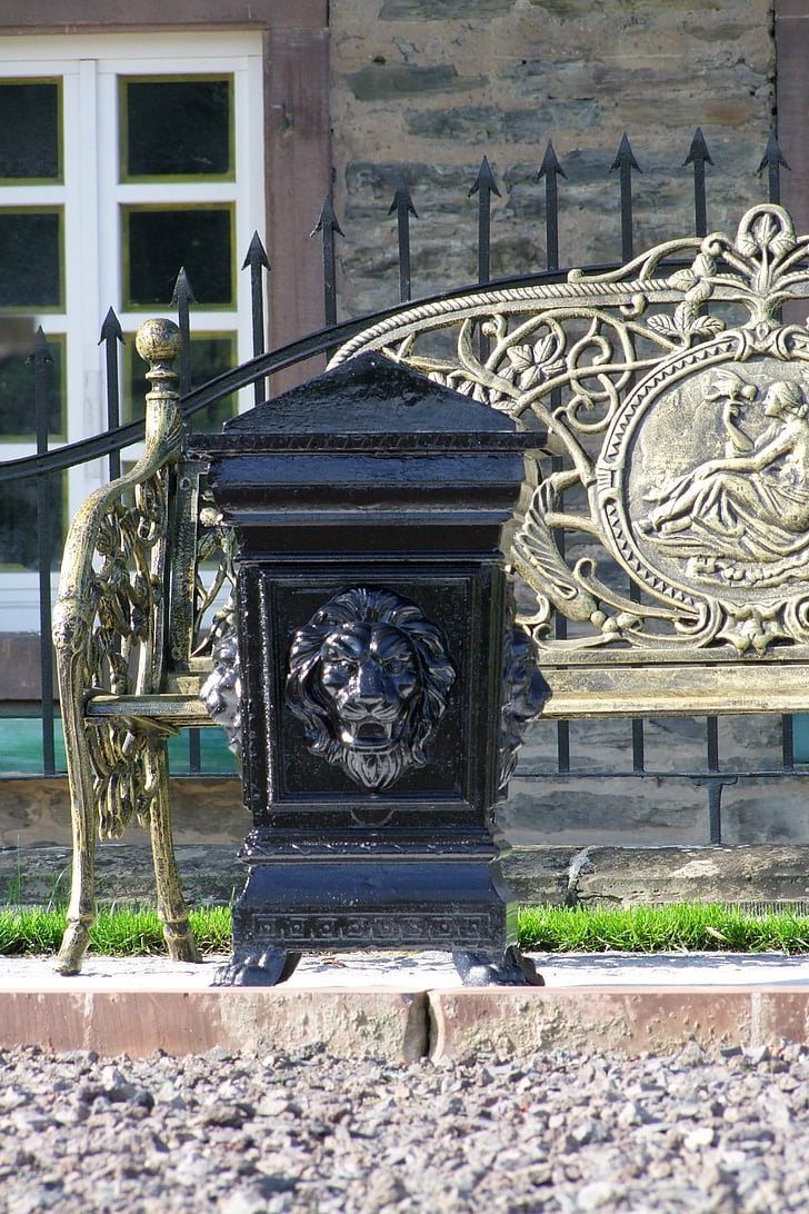lion head, metal, container, artfully, deco, statue, sculpture
