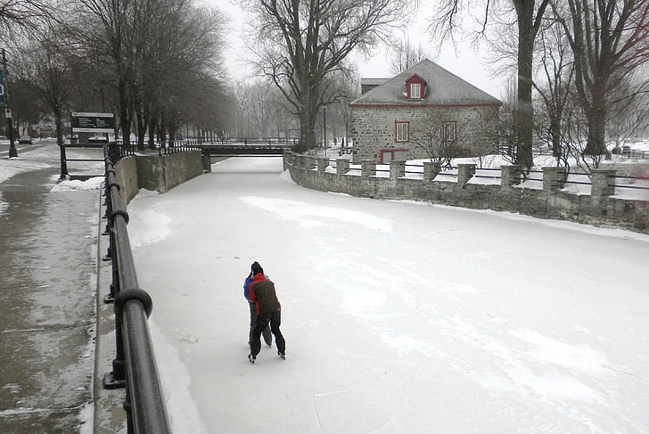 Lachine canal, Kanada, paar, Skaten, gefroren, Wasser, Gebäude
