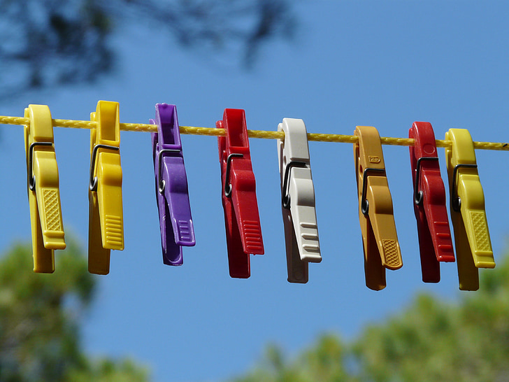 clothespins, clothes line, dry, sky, wash, laundry, colorful