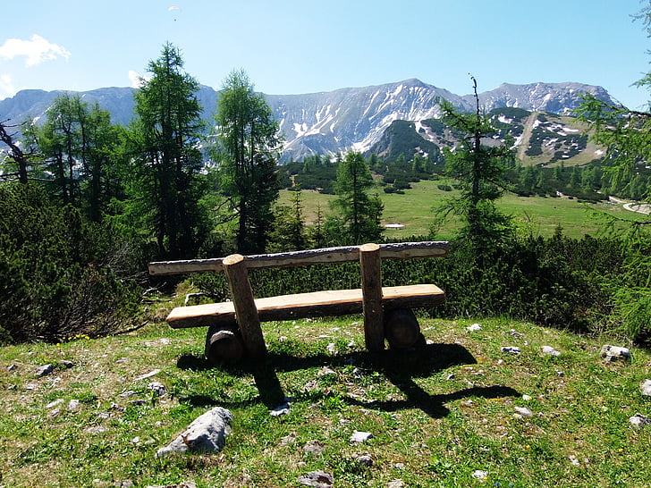 mountain, panorama, bank, bench nature, green, nature, outdoors