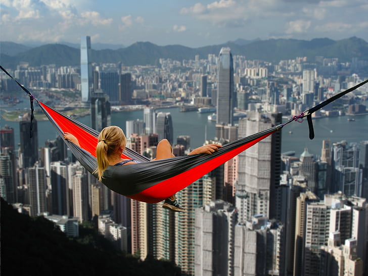 Hong kong, tempat tidur gantung, Gadis, relaksasi, tidak takut ketinggian, bersantai, berani
