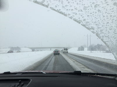 winter, driving, windshield, snow, road, car, travel