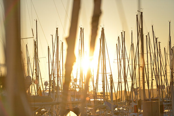 Master, seiling, båter, Marina, havn, solnedgang, bakgrunnsbelysningen