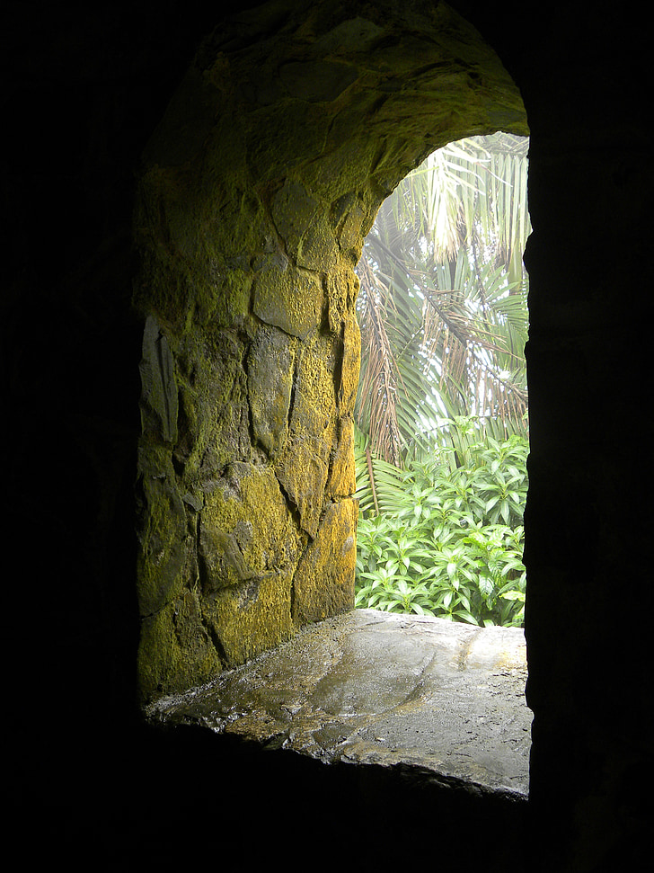 window, portal, stone, age, moss, green, puerto rico
