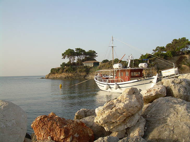 Zakynthos, eiland, landschap, kust, zee, boot, zomer