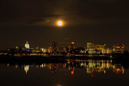 Super, lua, linha do horizonte, Harrisburg, à noite