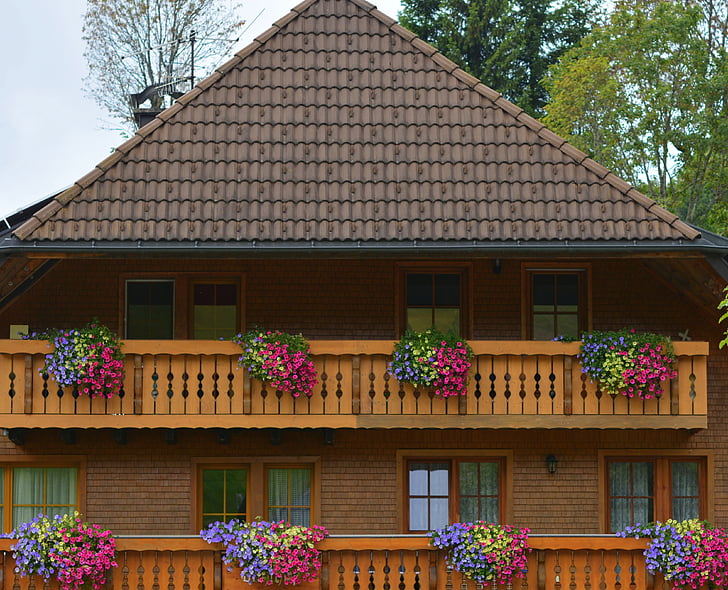 farmhouse, forest house, balcony with flowers