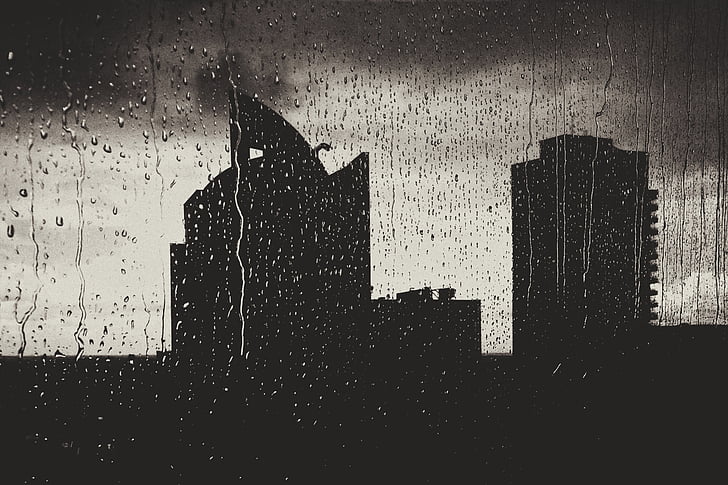 silhouette, bâtiments, il pleut, gouttes de pluie, fenêtre de, Wet, Appartements