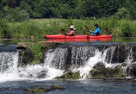 каяк, гребло, kayaked, водни спортове, река, водната повърхност, от горе