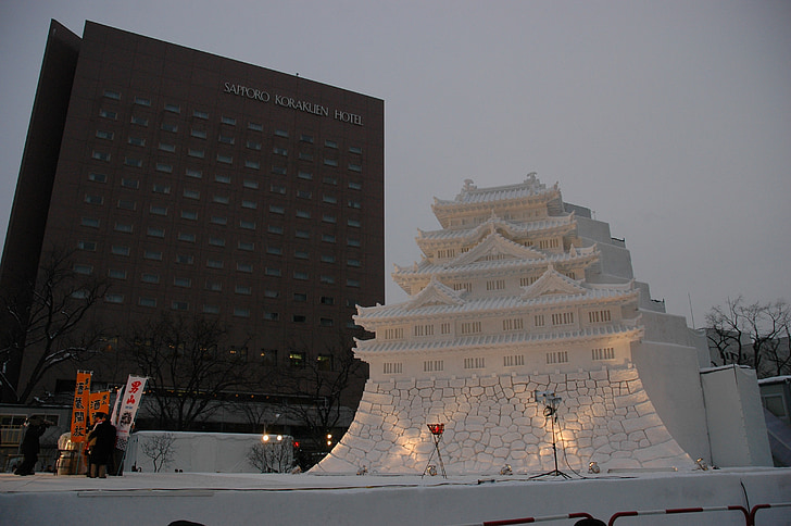 Крижана скульптура, льодовий палац, Японія, Чарівний зимовий, заморожені, лід, ніч